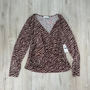 NWT 89th + Madison Brown Zebra Print Long Sleeve Wrap Top Rust Red Size Large